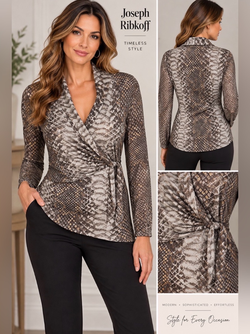Joseph Ribkoff Snake Print Wrap Tie Blouse Long Sleeve Size 8